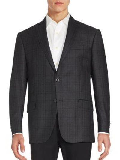 Shop Michael Kors Two-button Plaid Wool Blazer In Grey