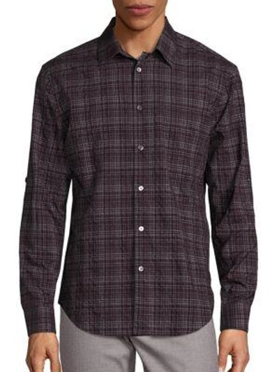 Shop John Varvatos Slim-fit Wrinkle Plaid Shirt In Oxblood