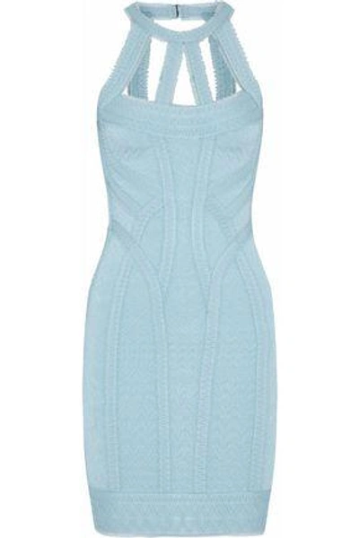 Shop Herve Leger Linden Tulle-trimmed Cutout Bandage Mini Dress In Sky Blue