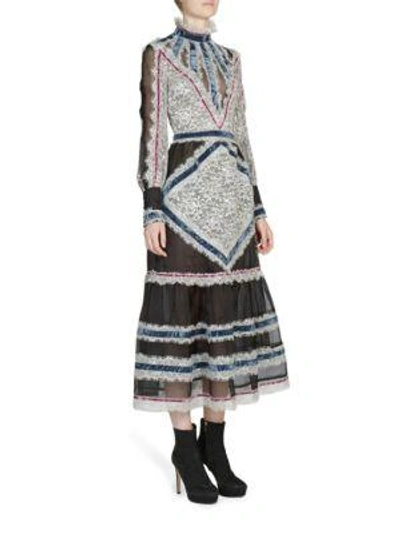 Shop Erdem Oriana Long-sleeve Midi Dress In Silver
