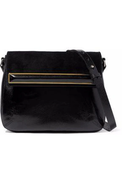 Shop Halston Heritage Embellished Suede-paneled Patent-leather Shoulder Bag In Black