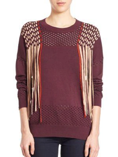 Shop Foundrae Leather-fringe Dream Weaver Sweater In Raisin