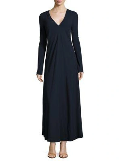 Shop Roberto Cavalli Solid V-neck Fit & Flare Dress In Blue