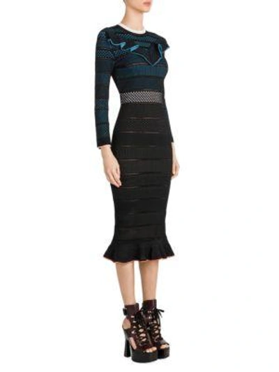 Shop Versace Ruffled Ladder-stitch Midi Dress In Blue Black Multi