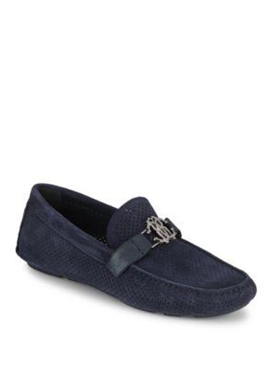 Shop Roberto Cavalli Perforated Leather Moccasins In Blue