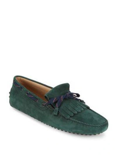 Shop Tod's Fringed Suede Tie Moccasins In Green