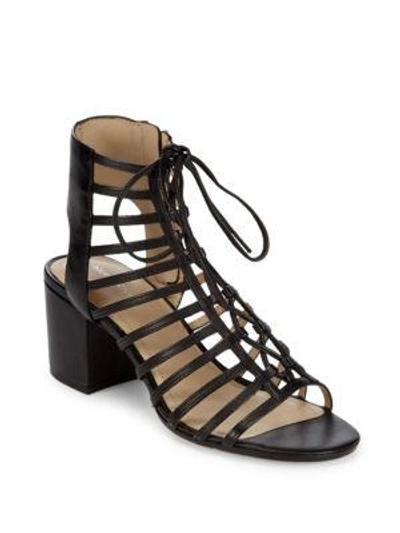 Shop Pour La Victoire Leather Block Heel Sandals In Black