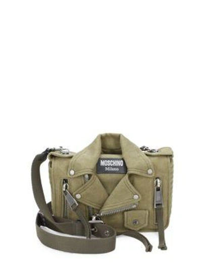 Shop Moschino Biker Jacket Canvas Shoulder Bag In Army/black