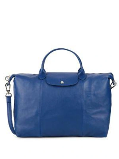 Shop Longchamp Le Pliage Cuir Leather Large Top Handle Bag In Blue