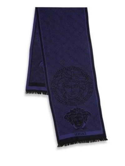 Shop Versace Printed Wool Scarf In Black Violet