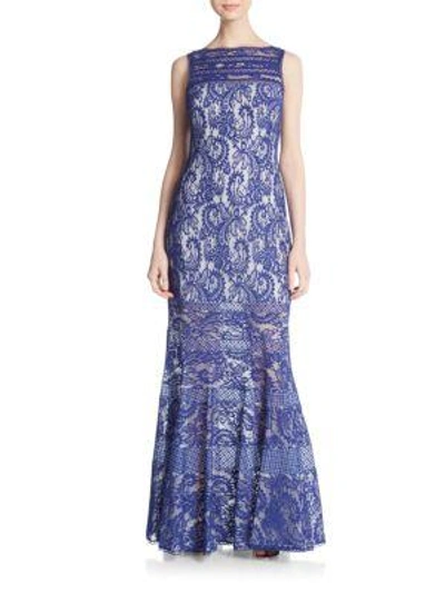 Shop Tadashi Shoji Illusion Bonded Lace Gown In Deep Lagoon