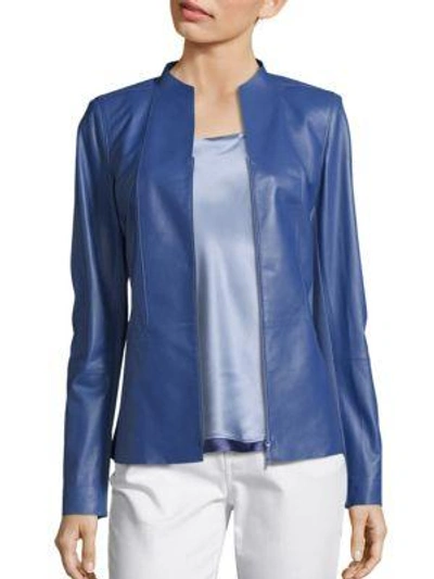 Shop Lafayette 148 Kyla Paneled Leather Jacket In Bluebird