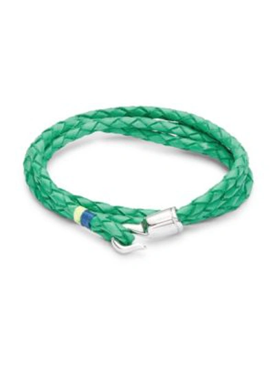 Shop Miansai Trice Sterling Silver And Leather Wrap Bracelet In Green