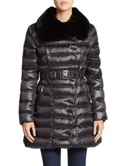 Shop Dawn Levy Izzie Rabbit Fur-collar Belted Puffer Coat In Black