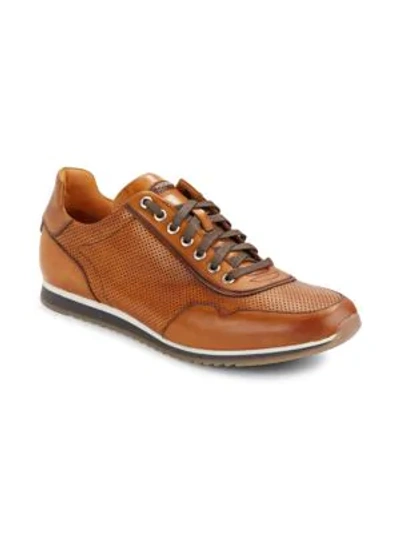 Shop Saks Fifth Avenue Perforated Leather Sneakers In Cognac