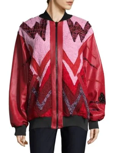 Shop Roberta Einer Heartbeat Leather Bomber Jacket In Red Multi