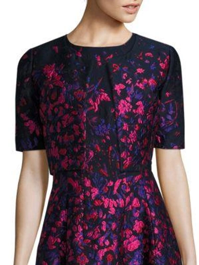 Shop Oscar De La Renta Cloque Floral-print Bolero In Navy Hot Pink