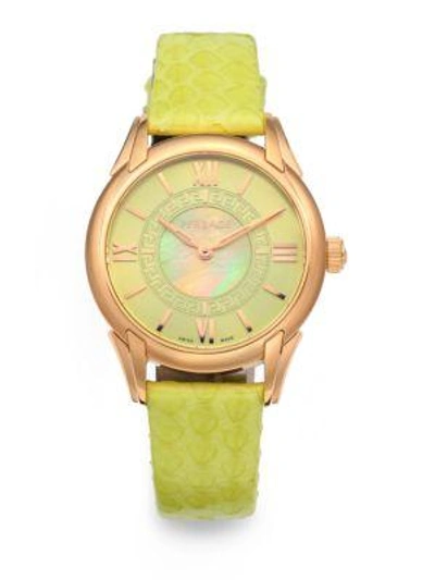 Shop Versace Dafne Rose Gold Ip Stainless Steel & Lime Green Elaphe Watch In Yellow