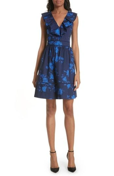 Shop Kate Spade Hibiscus Ruffle Neck Cotton Poplin Dress In French Navy