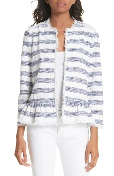 Shop Kate Spade Stripe Fringe Peplum Tweed Jacket In French Navy/ Fresh White