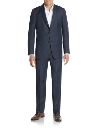Shop Hickey Freeman Regular-fit Striped Worsted Wool Suit In Navy