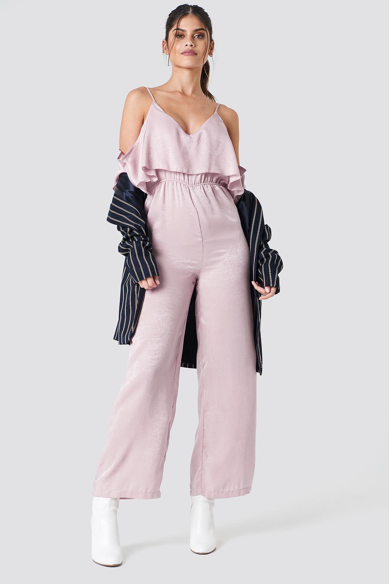 pink cold shoulder jumpsuit