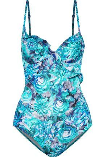 Shop La Perla Woman Open-back Ruffle-trimmed Floral-print Underwired Swimsuit Turquoise