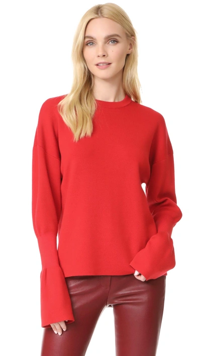 Shop Tibi Rib Detail Sleeve Easy Pullover In Ribbon Red