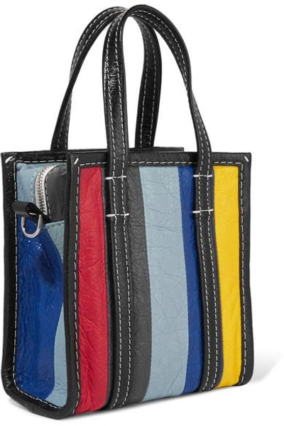 Shop Balenciaga Bazar Xxs Striped Textured-leather Tote In Blue