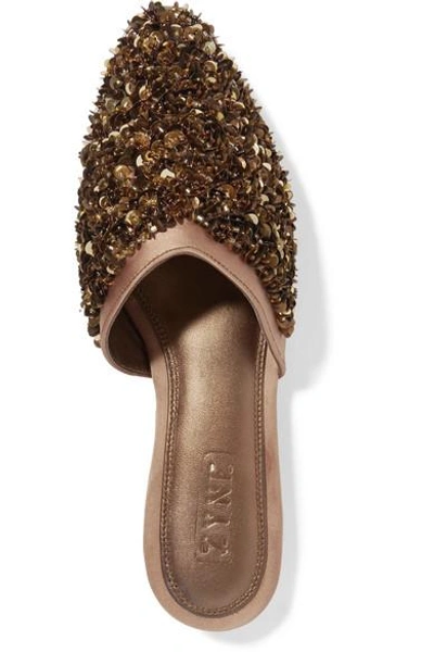Shop Zyne Moon Embellished Satin Slippers In Gold