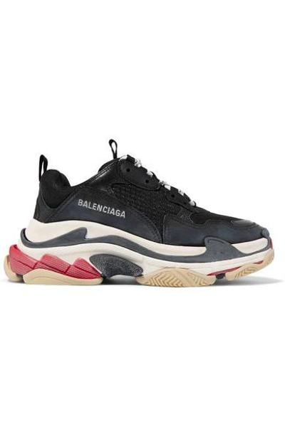 Balenciaga Triple S Logo-embroidered Leather, Nubuck And Mesh Sneakers In Black