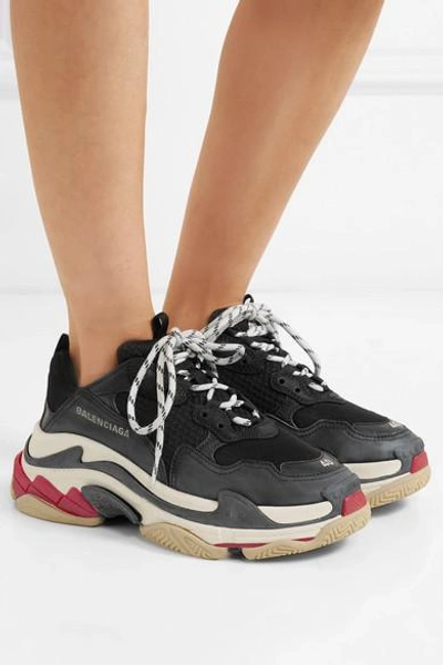 Shop Balenciaga Triple S Logo-embroidered Leather, Nubuck And Mesh Sneakers In Black