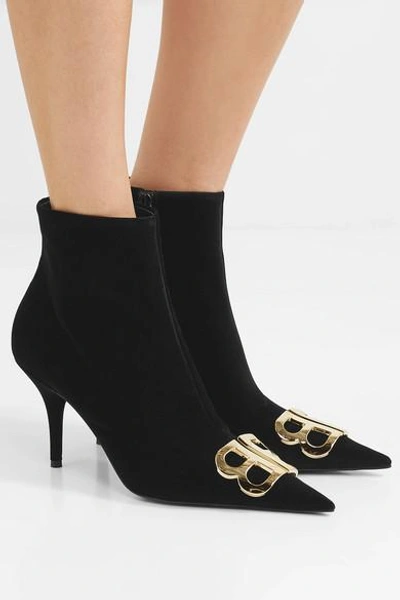 Shop Balenciaga Knife Logo-embellished Velvet Ankle Boots In Black