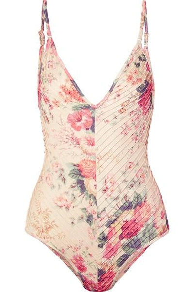 Shop Zimmermann Laelia Pintucked Floral-print Swimsuit In Cream
