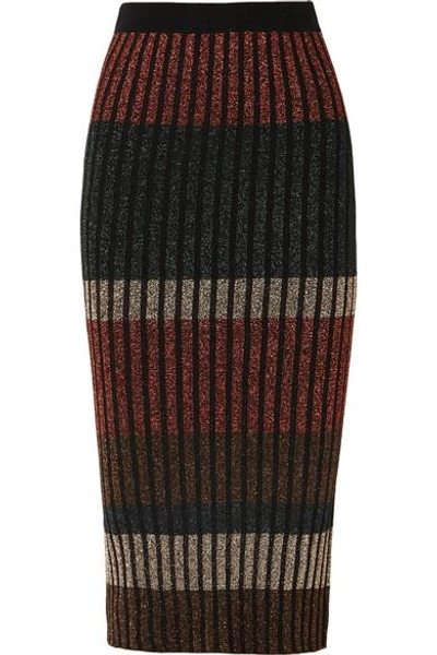 Shop By Malene Birger Hollis Striped Metallic Ribbed-knit Midi Skirt In Black