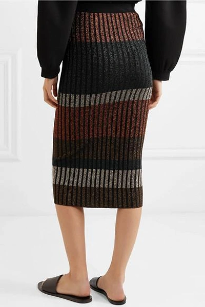 Shop By Malene Birger Hollis Striped Metallic Ribbed-knit Midi Skirt In Black