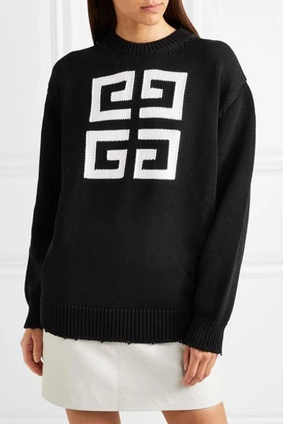 Shop Givenchy Distressed Intarsia Cotton Sweater In Black