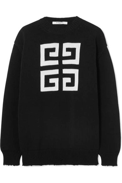 Shop Givenchy Distressed Intarsia Cotton Sweater In Black