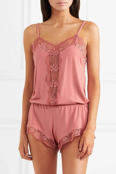 Shop Eberjey Noor The Dreamer Lace-trimmed Stretch-modal Jersey Playsuit In Pink