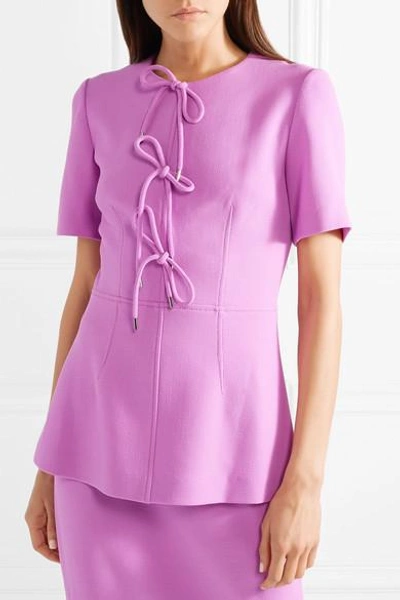 Shop Lela Rose Bow-embellished Wool-blend Crepe Peplum Top In Lavender