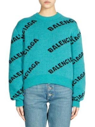 Shop Balenciaga Cropped Wool Logo Sweater In Turquoise