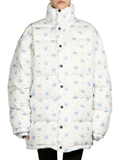 Shop Balenciaga Floral Print Down Puffer Coat In White Multi