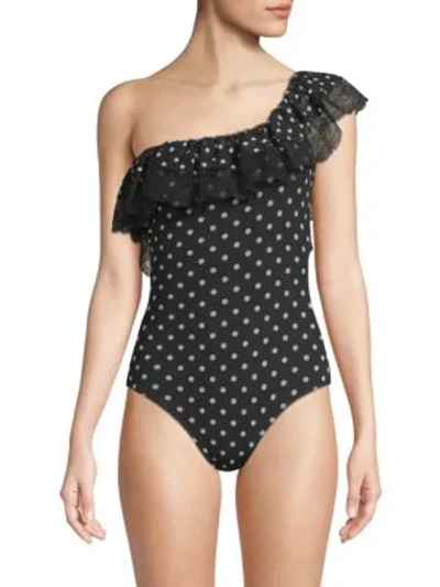 Shop Fuzzi Swim One-piece Lace-trimmed One-shoulder Swimsuit In Black