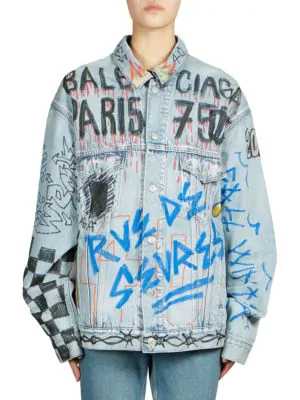 Balenciaga Over Hand-drawn Graffiti Denim Jacket In Blue | ModeSens