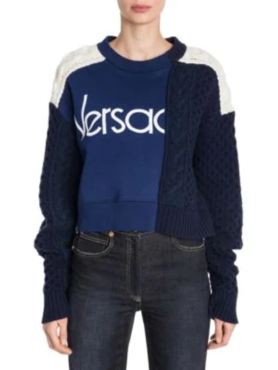 Shop Versace Long-sleeve Colorblock Cable Knit Logo Sweater In Navy Blue