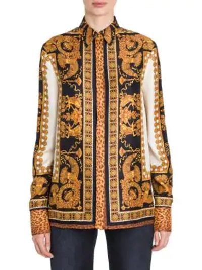 Shop Versace Long-sleeve Printed Silk Blouse In Black Gold