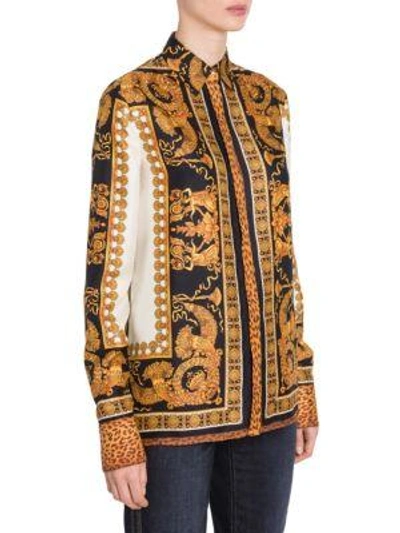 Shop Versace Long-sleeve Printed Silk Blouse In Black Gold