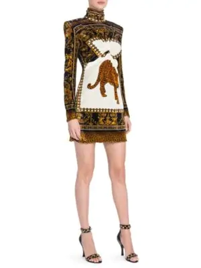 Shop Versace Long-sleeve Ruche Printed Mini Shift Dress In Black Gold