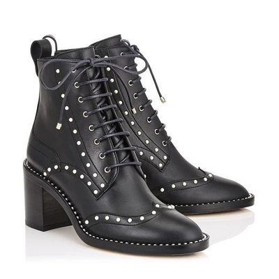 Shop Jimmy Choo Hanah 65 Black Smooth Leather Boots With Pearl Detailing In Black/white