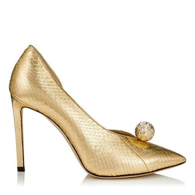 Shop Jimmy Choo Sadira 100 Gold Metallic Elaphe Pointy Toe Pumps With Diamond Cut Pearl In Gold/gold